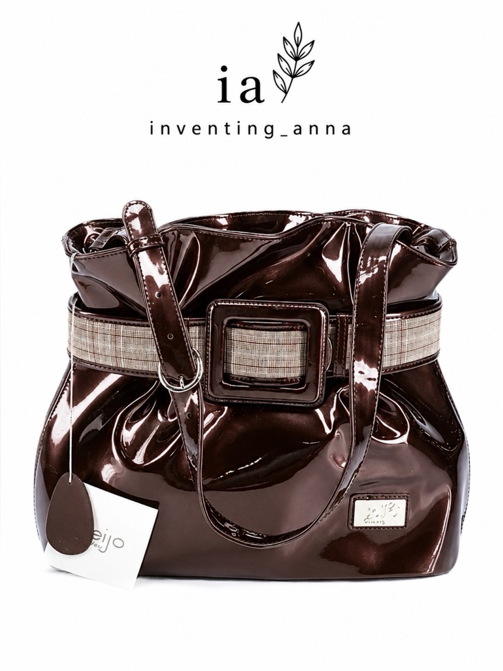 Beijo Metallic Plum Patent Shoulder Bag Plaid Belt Buckle Tote
